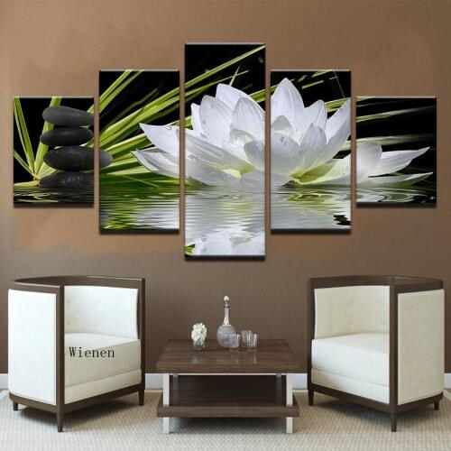 5 Pieces Flower Canvas Poster Hd Prints Paintings for Living Room Wall Art White Lotus Stones Lake Water Pictures Home Decor