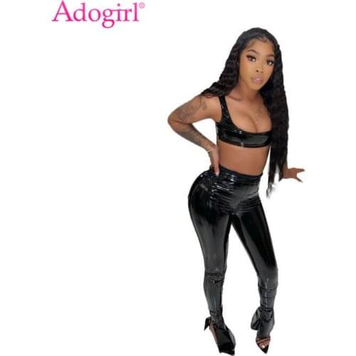 Adogirl Faux PU Leather Glossy Sexy Two Piece Set Sleeveless Crop Pullover High Waist Long Flare Pants Suit Female Clothing