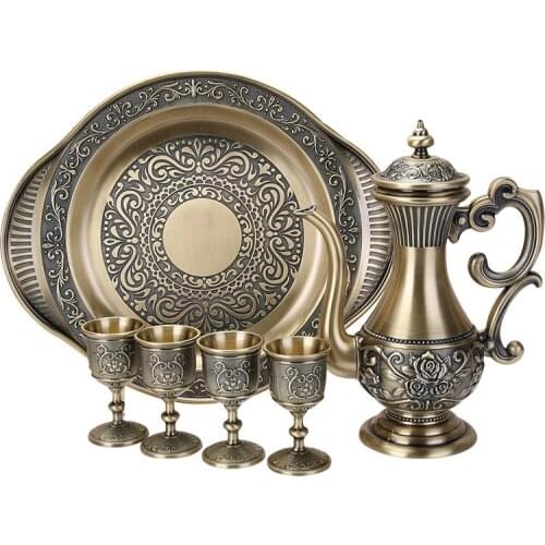IMUWEN Bronze Wine Set Metal Zinc Alloy Wine Set, 1 set= 1 Plate+ 1 Pot +4 Cups For Table Craft Home Decoration