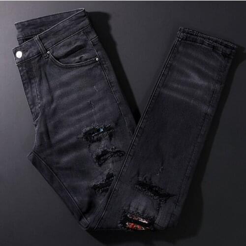 Fashion Streetwear Men Jeans High Quality Retro Black Gray Elastic Cotton Ripped Jeans Men Patchwork Designer Hip Hop Punk Pants