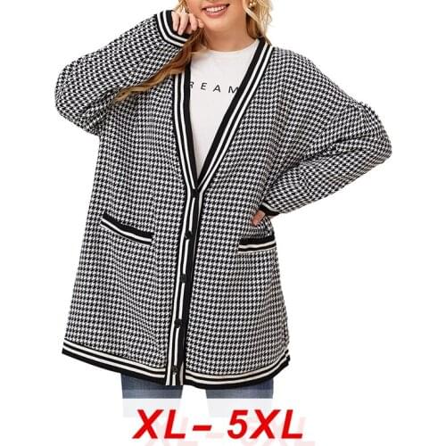 2020 Autumn and Winter Wool V Neck Knitted Cardigan Sweater Jacquard Vintage Check Plaid Womens Long Jacket Plus Size Women