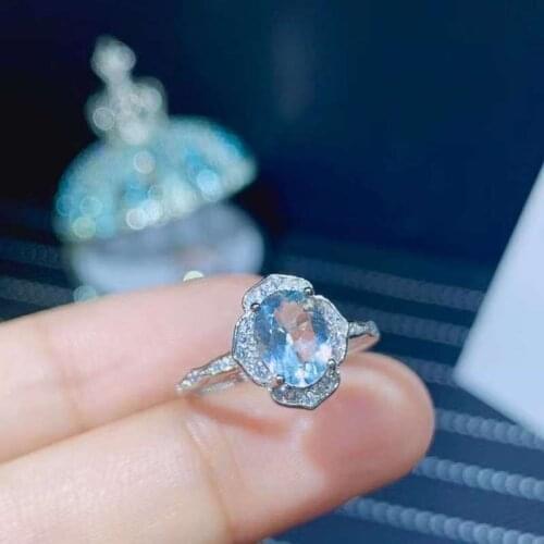 Classic Aquamarine Wedding Ring for Woman 6mm*8mm Natural Light Blue Aquamarine Ring Solid 925 Silver Aquamarine Jewelry