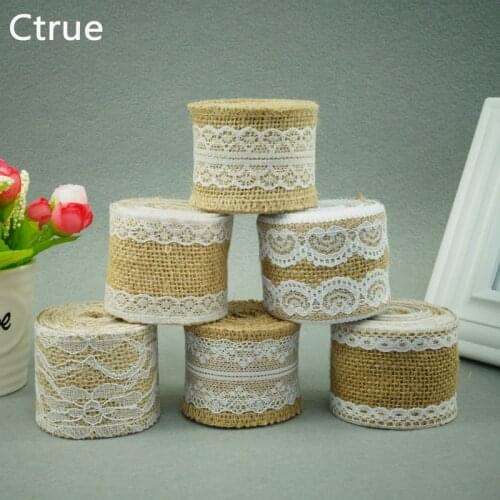 2Meter Jute Burlap rolls Hessian Ribbon with Lace roll vintage rustic wedding decoration burlap wedding cake topper DIY ornament