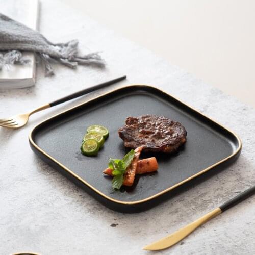 Frosted black ceramic square plate net red western restaurant steak plate Nordic characteristic ceramic tableware dinner plates