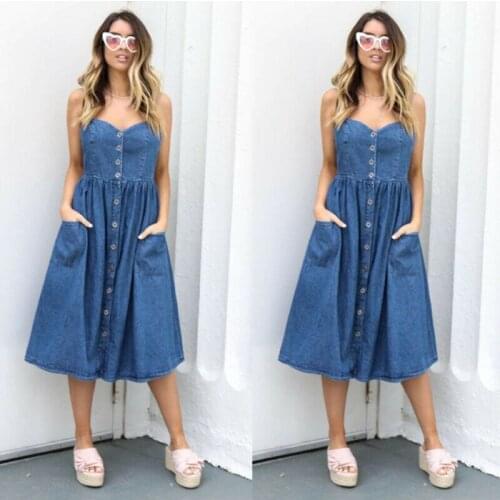 Fashon Women Denim Dress Button Pocket Summer Loose Jeans Strappy Dress Sleeveless Sling Front Row Casual Versatile