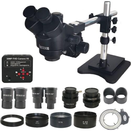 Dual Single Arm Boom Simul Focal Trinocular Stereo Microscope Industrial Soldering 38MP HDMI USB Microscopio Camera PCB Repair