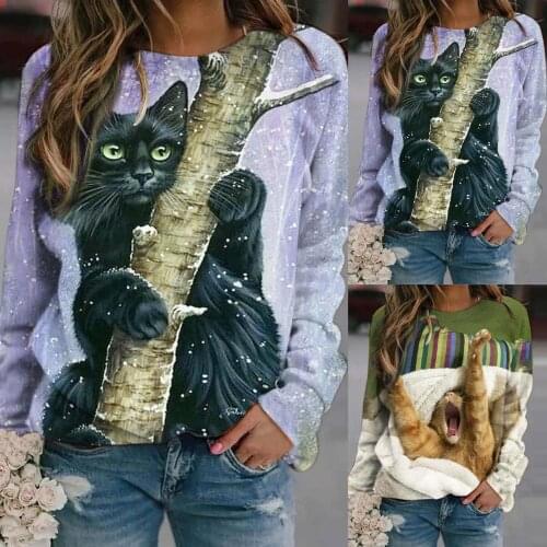New Fall/Winter Polyester Ladies 3D Cat Print Casual Sweatshirt Long Sleeve Pullover T-shirt новогодние футболки Cute fashion F4