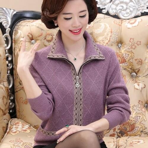 Autumn Middle-Aged Women Cardigan Sweater Print Turndown Collar Zipper Sweater Coat High Quality Cardigan Female Knitwear