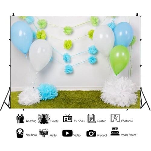 Simple Blue White Balloons Grass Portrait Photography Backdrop One Year Birthday Photo Background Vinyl Photocall Booth Props