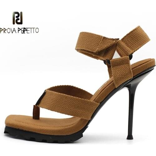 Flip-toe Sandals and Slippers, Summer New Style Square Toe Stiletto Woven Anti-stretch Fabric Velcro High-heeled Sandals