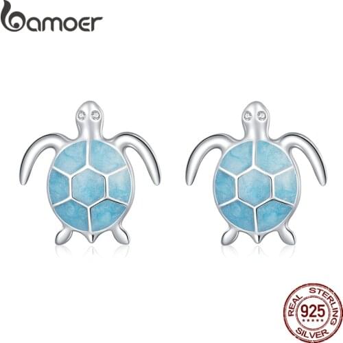 Bamoer Silver Blue Turtle Stud Earrings 100% 925 Sterling Silver Enamel Cartoon Animal Earring for Women Fashion Jewelry SCE1035