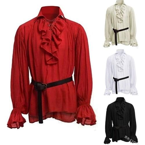 Medieval Renaissance Lacing Up Shirt Bandage Tops For Adut Men Larp Vintage Costume Fluffy Long Sleeve For Male Plus Size S-5XL