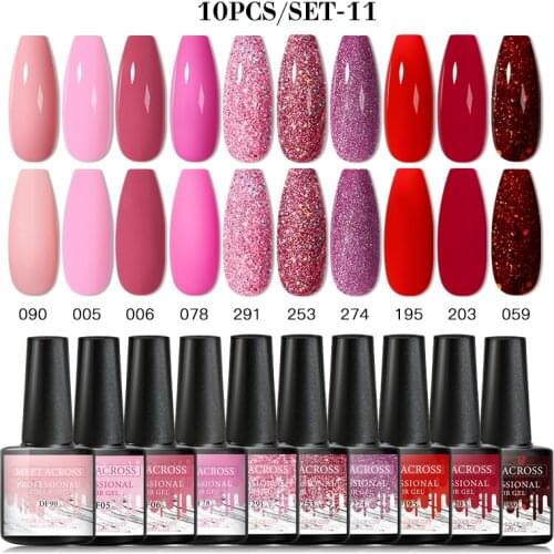 MEET ACROSS Gel Nail Polish Set 10Pcs Soak Off UV Gel Varnishes All For Manicures Need Cured Base Top Coat Acrylic UV Nail Kit