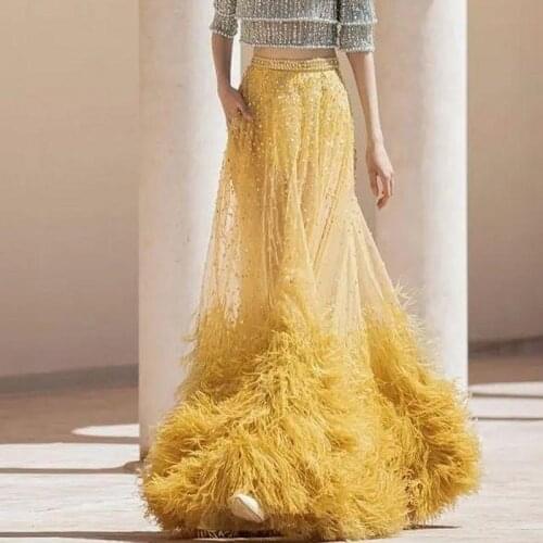 High Waist Yellow Feathers Tulle Skirts For Women Sequins Girls Birthday Skirt For Photo Shoot Shiny Luxury Celebrity Vestidos