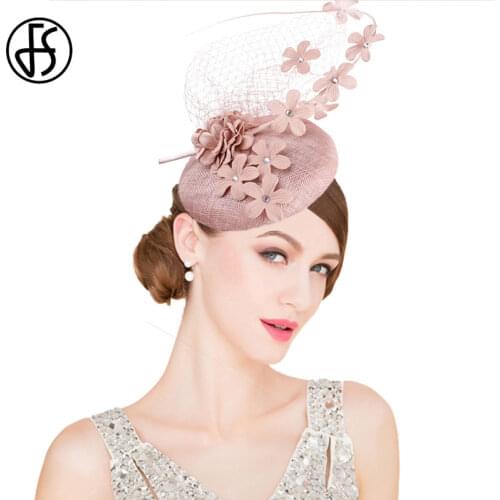 FS Sinamay Womens Fascinators Hats Elegant Pink Wedding Hats Ladies Flower Fedoras Vintage With Veils Headwear Bridal Married