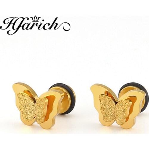 Hfarich Butterfly Earrings Rose Gold Color Stainless Steel Stud Earrings for Women Child Frosted Butterfly Cartilage Ear Studs