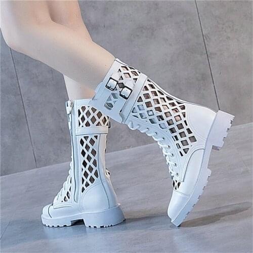 New Women Summer Lace-Up Cowhide Leather Mid-Calf Boots Quality Zapatos Femme High Heel Women Shoes Hollow Out Female Boots