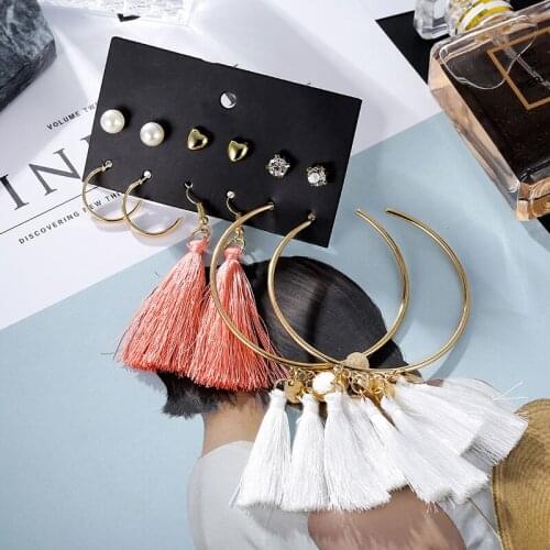 6 Pairs/Set 2019 Trendy Bohemian Big Circle White Tassel Earrings For Women Pearl Heart Rhinestone Small Stud Earrings Set Mixed