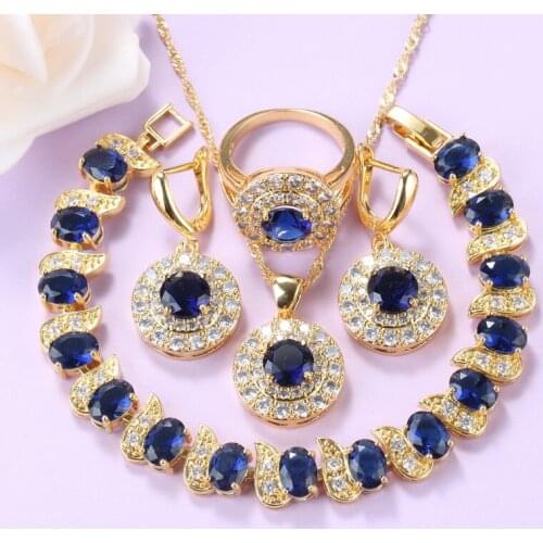 2020 New Fashion Gold Color Round Jewelry Sets For Women Wedding Costume Blue CZ Earrings Necklace Bracelet And Ring Sets