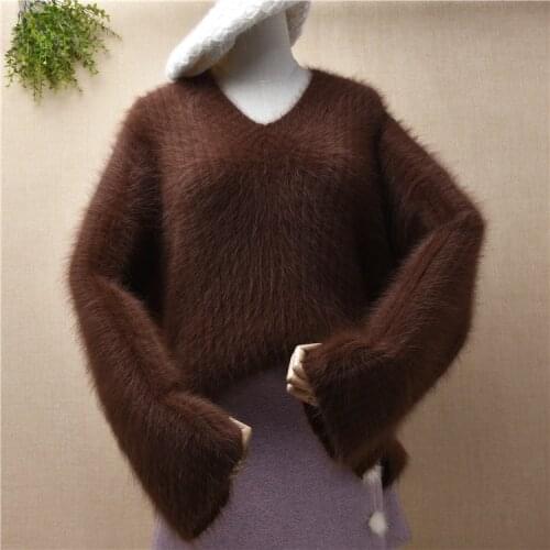 Ladies women fashion striped knitted hairy fuzzy mink cashmere loose pullover angora rabbit fur jumper outwear sweater pull tops