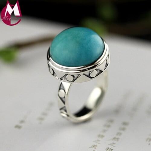 High Quality 16mm Round Stone Amazonite Ruby Fine Jewelry carving Round Triangle Geometry 100% 925 Sterling Silver Ring Women