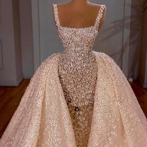 Luxurious See Thru Mermaid Wedding Dress Beading Square Neckline Bridal Gowns with Detachable Train vestido de novia