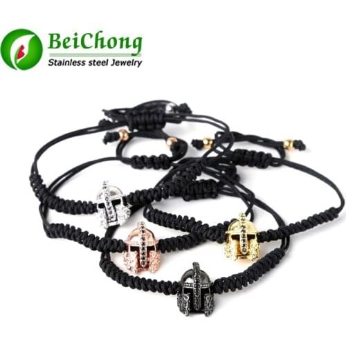 10pcs BC Helmet Charm Bracelets For Women/Men Jewelry Spartan Black CZ Copper Beads Braiding Bracelet