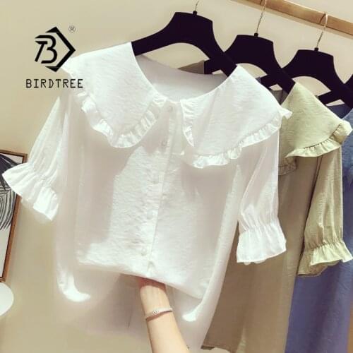 2021 Summer New Womens Fashion Peter Pan Collar Slim Shirt Short Sleeve Casual Style Chiffon Blouse Female Tops T13122X