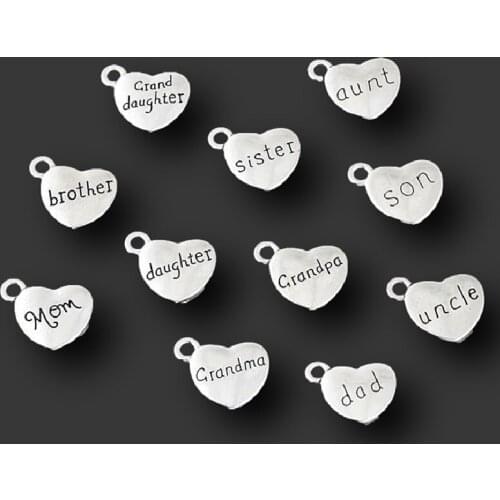22pcs Mixed Silver Plated Hearted Shaped Tags Dad Mom Brother Sisters Family Pendants DIY Charms Jewelry Crafts Making A2435