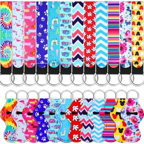 24pcs Chapstick Lipstick Holder Keychain with Wristlet Neoprene Keychain Lanyards Portable Balm Holders Pouch for Girls Women