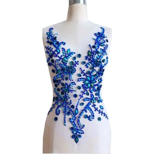 50*30cm handmade crystal patches sew on blue rhinestones applique on mesh for dress accessories