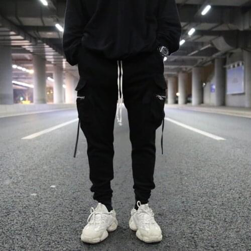 Dark wind three-dimensional pocket streamer Slim-fit suspending crotch rib terry pants high street cotton casual pants trend