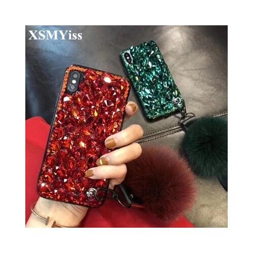 XSMYiss Luxury Bling 3D Crystal Diamond Rhinestone With Fur Ball Phone Case For iphone X XS MAX XR 5S 6S 7 8 PLUS Back cover