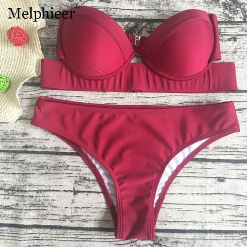 Red Black Bandeau Bikini 2018 Biquini Women Underwire Swimwear Swimsuit Padded Push Up Bikini Sext Bathing Suit Beach Wear