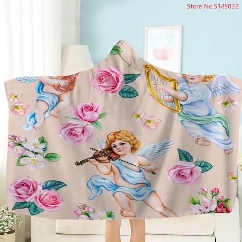 Girl Teens Wearable Plush Throw Blanket 3D Angel Flower Print Sherpa Fleece Blanket Cartoon Plush Hoodie Hoodie Wrap Blanket