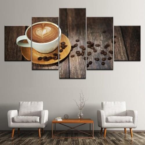 Canvas Painting Brown A Cup Of Coffee And Coffee Bean 5 Pieces Wall Art Painting Modular Wallpapers Poster Print Home Decor