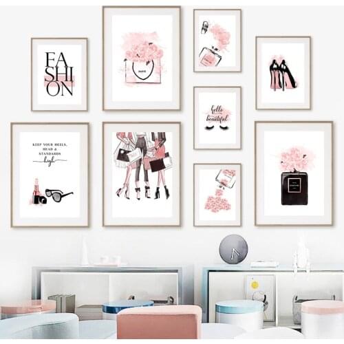 Girls Perfume High Heels Red Lips Book Wall Art Canvas Painting Nordic Posters And Prints Wall Pictures For Living Room Decor