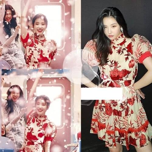 Kpop IU Lee Ji Eun Summer New Elegant Puff Sleeved Floral Dress Women Vintage French Sexy Dress Casual Holiday Lady Mini Dresses