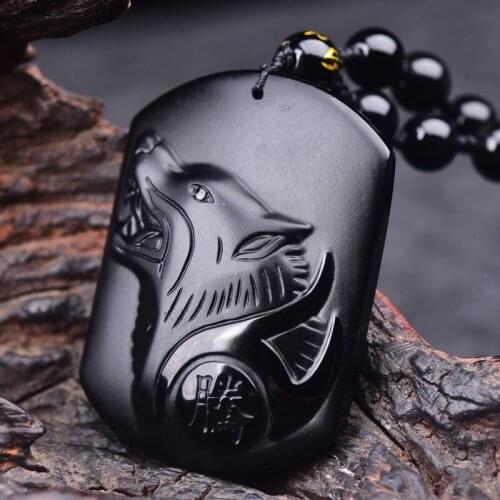 Natural Black Obsidian Carving Wolf Head Amulet Pendant Free Necklace Obsidian Blessing Lucky Pendants Fashion Jewelry