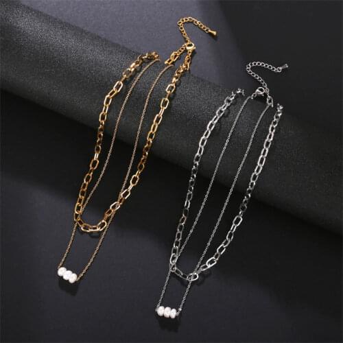Fashion simple double row irregular paperclip chain link freshwater pearl short necklace geometric clavicle necklace women