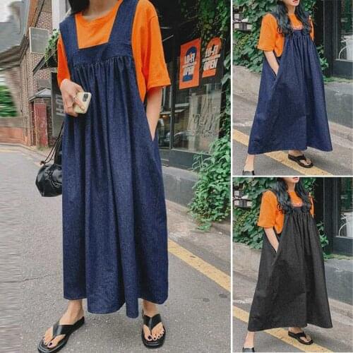 Summer Suspender Dresses Robe Fashion Beach Sleeveless Pocket Solid Vestidos Femme ZANZEA Women Loose Sundress Plus Size 5XL