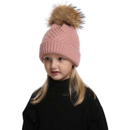 Baby Girl Pompon Beanie Hat Winter Real Fur Hat For Kids Boy Striped Knitted Wool Hat Soft Warm Skullies