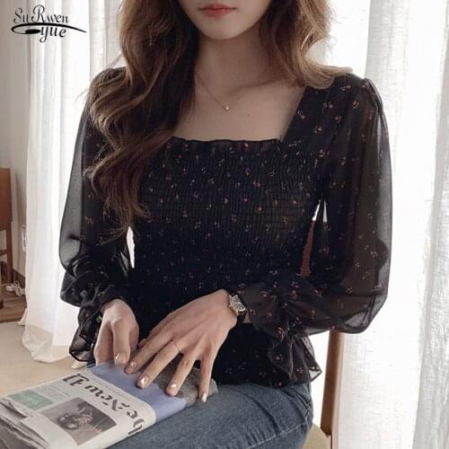 Chic Hot Vintage Print Ruffles Flare Sleeves Shirt Romantic Retro Square Collar Chiffon Blouse Women Sweet Puff Sleeve Top 10311