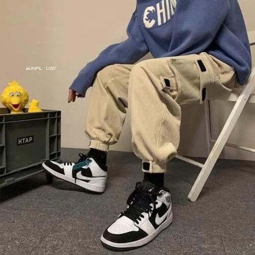 HOUZHOU Corduroy Pants Men Streetwear Black Cargo Pants Man Joggers Hip Hop Cargo Man Trousers Khaki Gray Jogging Pocket Korean