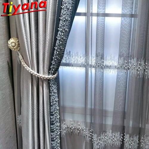 Pearls Sequins Embroidered Curtains for Living Room Luxury Gray 75-90% Blackout Curtains for Bedroom High-end Curtains Custom#35