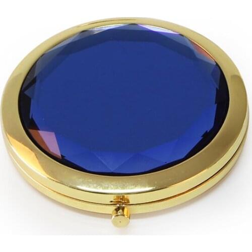 Dark Blue Crystal Compact Mirror Noble Round Folded And Gold Makeup Mirror Metal