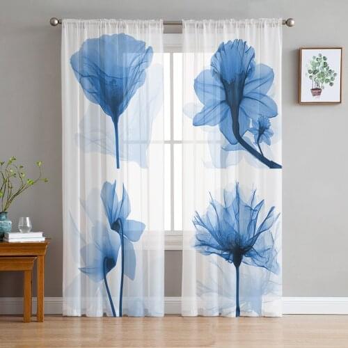 Oil Painting Style Blue Flower Tulle Sheer Window Curtains for Living Room Kitchen Children Bedroom Voile Hanging Curtain