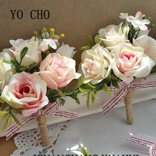 YO CHO 4 Head Artificial Roses Bride Wrist Corsage Pin Silk Roses Wedding Bracelet for Bridesmaid Groom Boutonniere Flower Prom Marriage Accessories