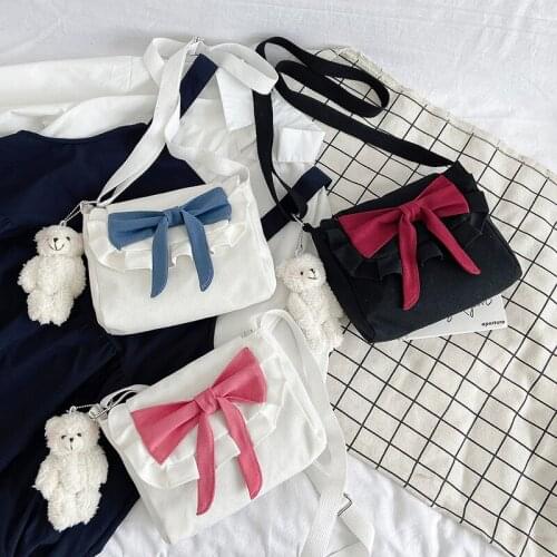 Women bag lolita sweet Canvas Flap Bow Lady Solid Zipper Soft shoulder bag pures and bags crossbody Japan style