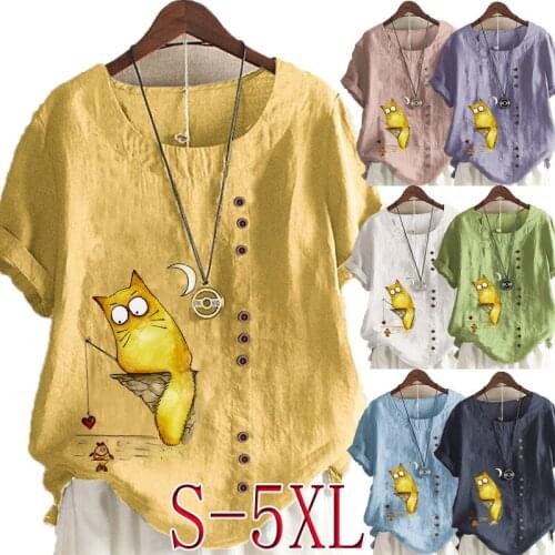 Womens New Fashion Linen Shirt Round Neck Short Sleeve Cartoon Cats Printed T-shirt Summer Ladies Casual Plus Size Blouse Tops